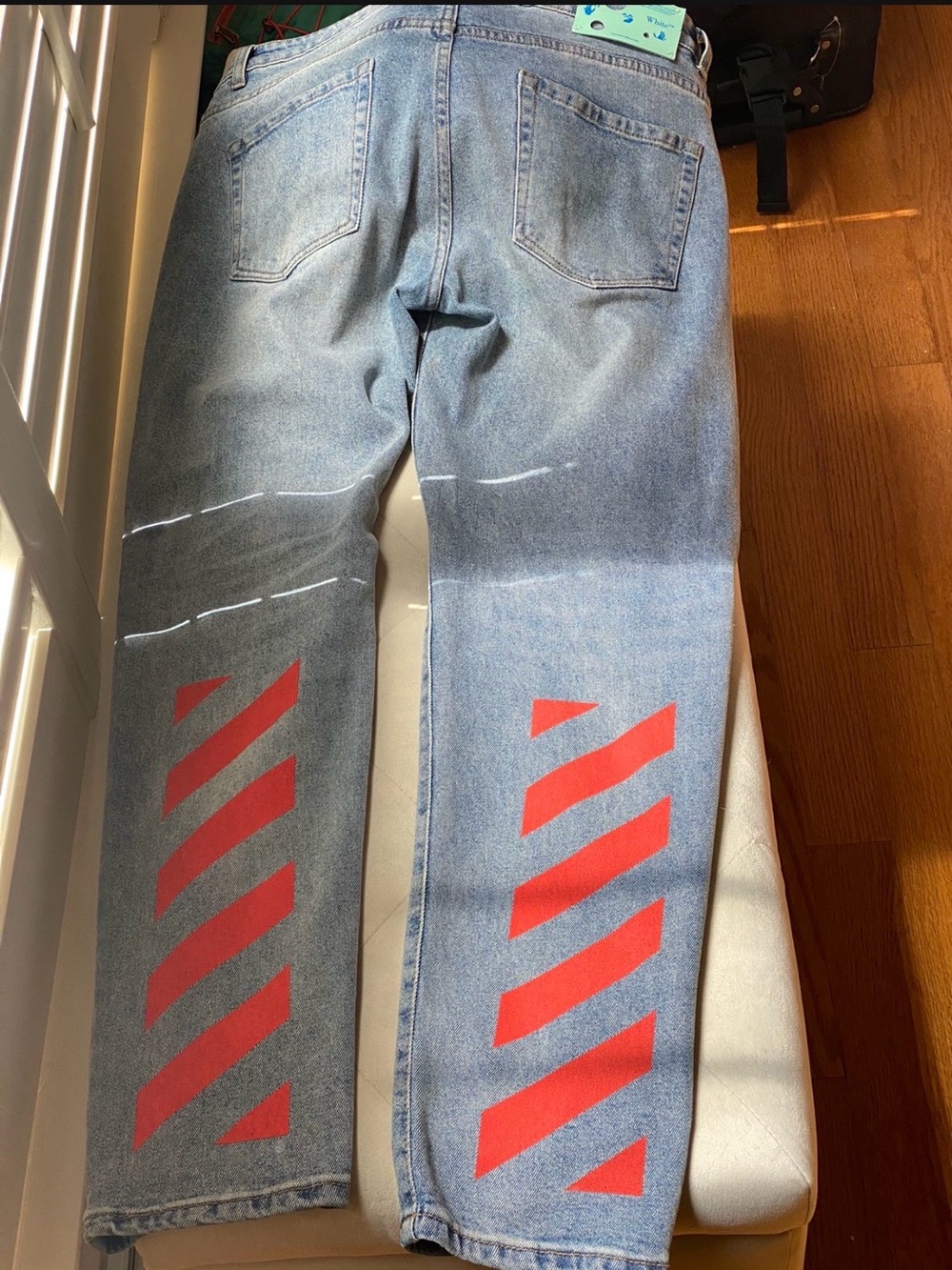 Off-White Light Blue Straight Jeans with Red Diagonal Stripes